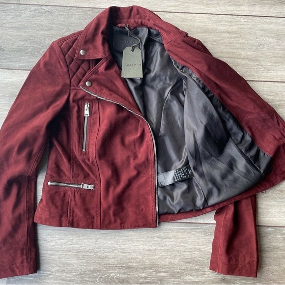 All Saints Suede Biker Jacket Burgundy - Picture 1 of 5